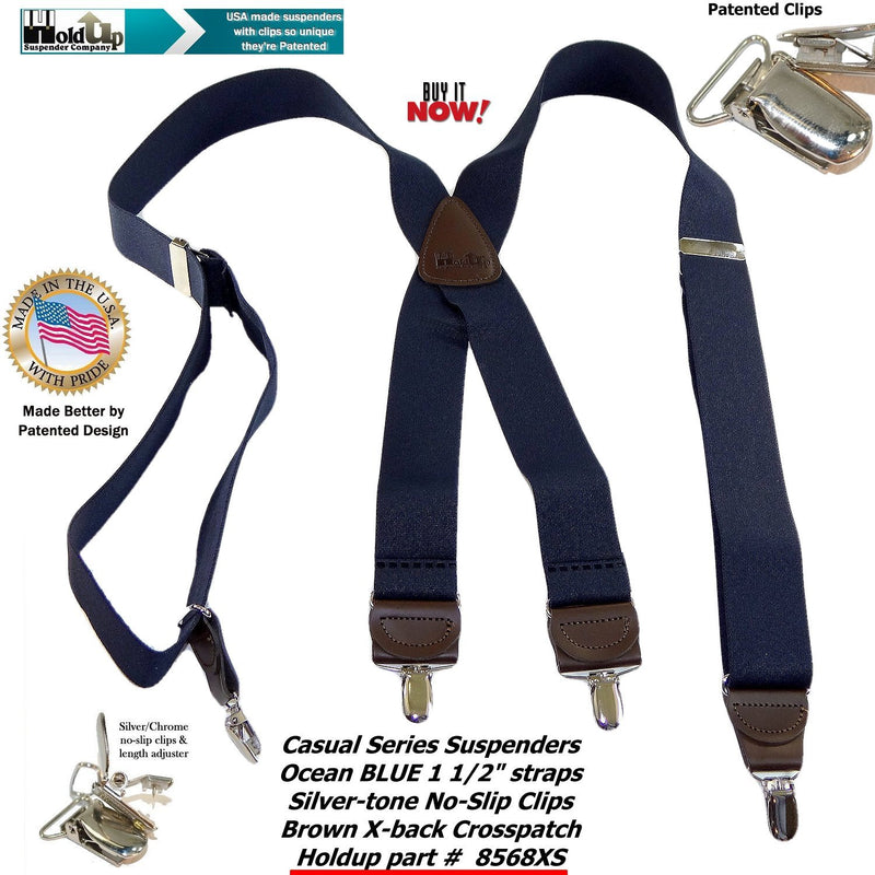 [Australia] - Holdup Suspender Company's Dark Ocean Blue Suspenders in X-back Style and Patented No-slip Silver-tone Clips 