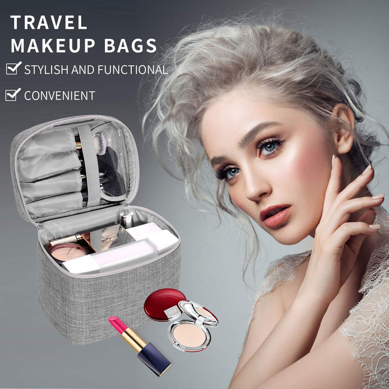 [Australia] - Makeup Bag Travel Large Cosmetic Bag Case Organizer Pouch with Mesh Bag Brush Holder Make Up Toiletry Bags for Women Standard Size Grey 