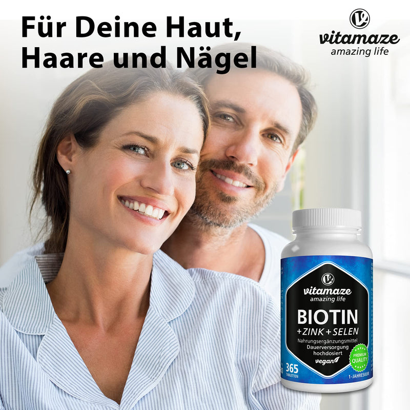 [Australia] - Biotin Hair Growth 10.000 mcg Complex - with Selenium and Zinc - 1 Year Supply for Hair, Skin and Nails - 365 Vegan Tablets - German Quality - Vitamaze� 