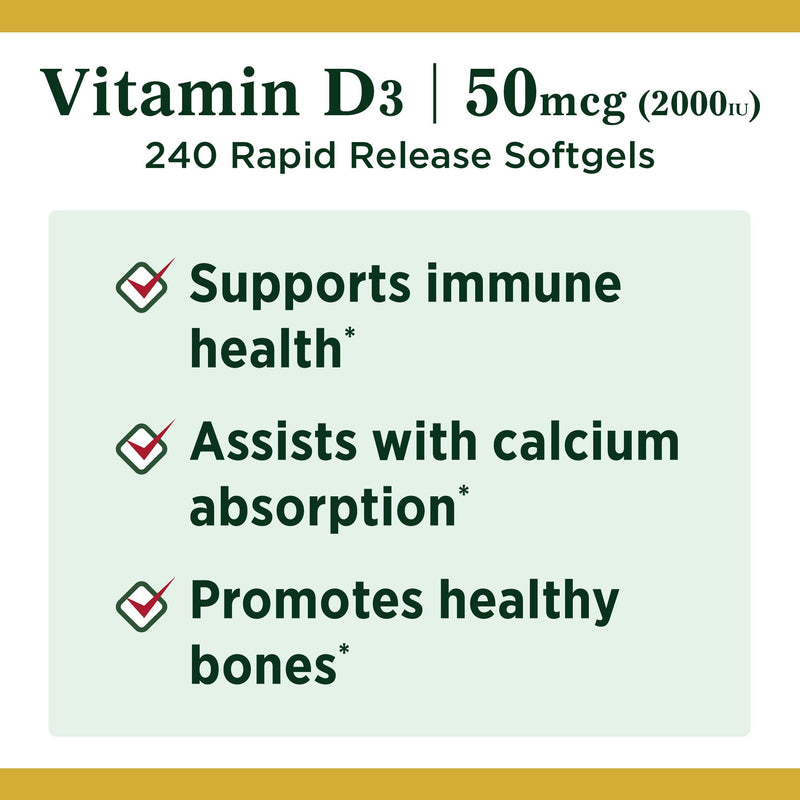 [Australia] - Nature's Bounty Vitamin D3, Immune and Bone Support, 2000IU, Softgels, 240 Ct 240 Count (Pack of 1) 