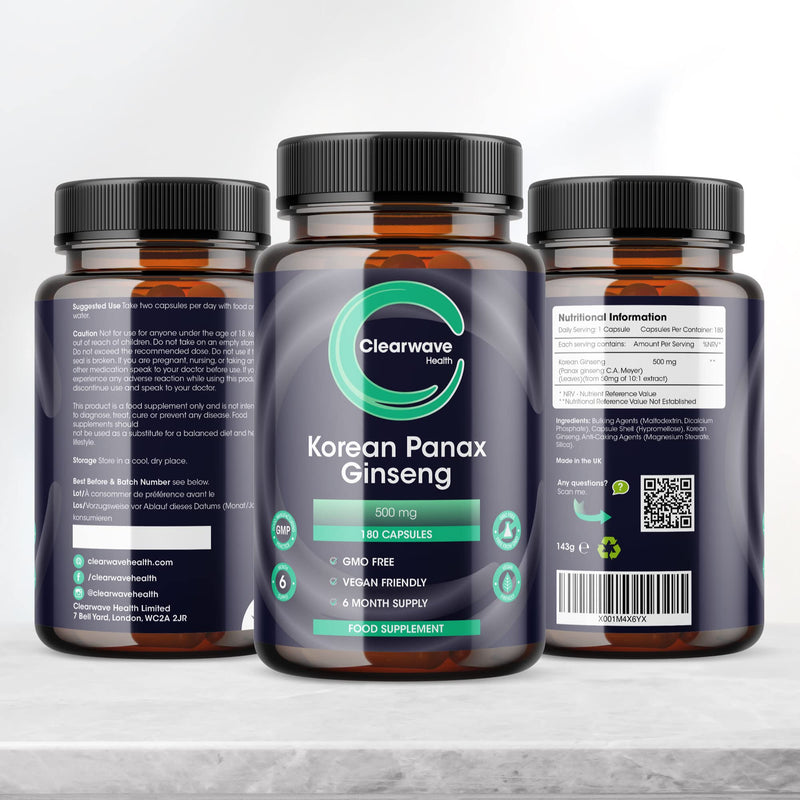 [Australia] - Panax Ginseng - 180 High Strength Capsules - 6 Month Supply - 500mg per 1 Capsule Serving, 10:1 Extract - 10% Ginsenosides - AKA Korean Ginseng - by Clearwave Health 