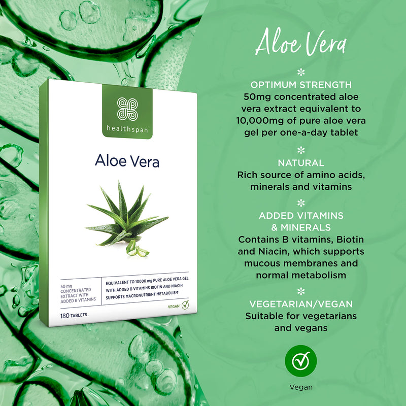 [Australia] - Healthspan Aloe Vera 10,000mg (180 Tablets) | Supports Normal Metabolism | 10,000mg Pure Aloe Vera Gel | Helps to Maintain Normal Immune System | Added B Vitamins | Vegan Friendly 