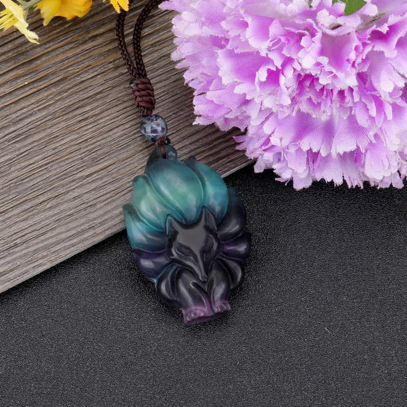 [Australia] - Top Plaza Womens Reiki Healing Crystal Ice Obsidian Gemstone Necklaces Adjustable Lucky Fox Amulet Protection Pendant Necklace Fox Jewelry Fluorite 