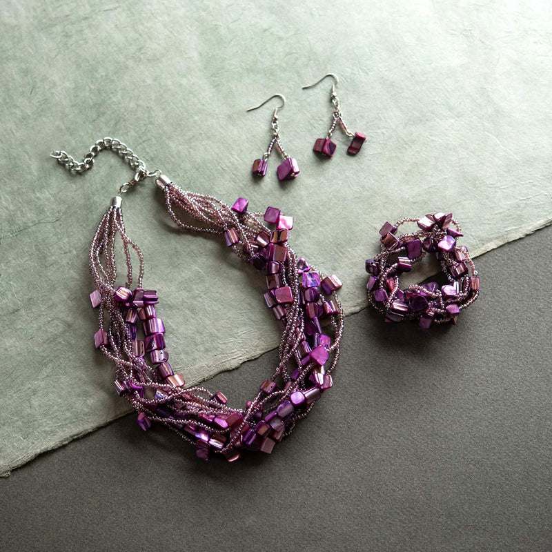 [Australia] - LookLove Womens Jewelry Purple Bead Silver Tone Plated 16" Torsade Necklace, 5 Strand Stretch Bracelet, and 1½" Dangle Earrings Set 