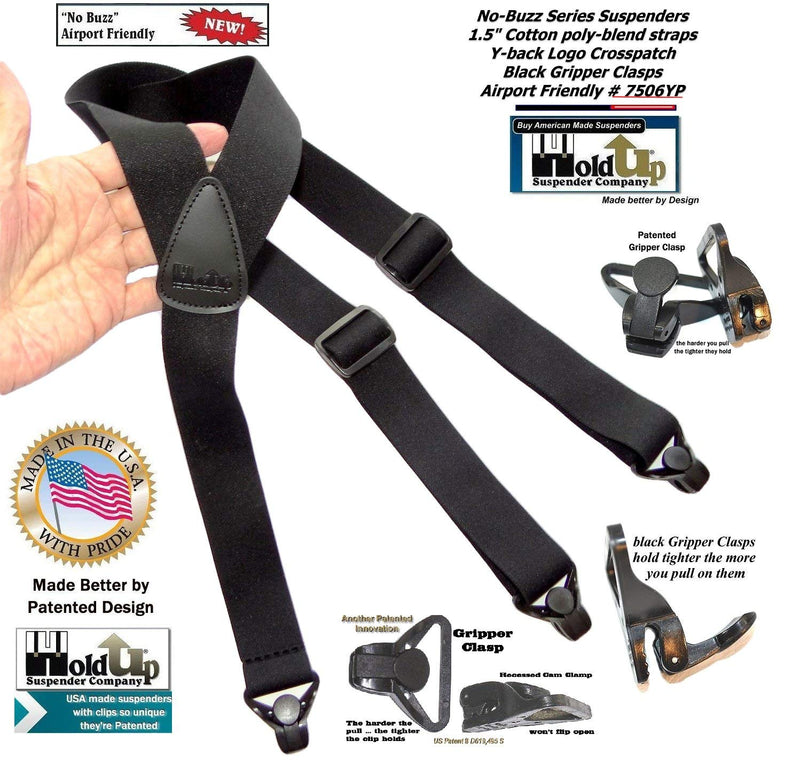 [Australia] - Holdup Suspender Company's No-buzz Airport Friendly All Black Y-back Suspenders with Patented composite plastic Gripper Clasps 