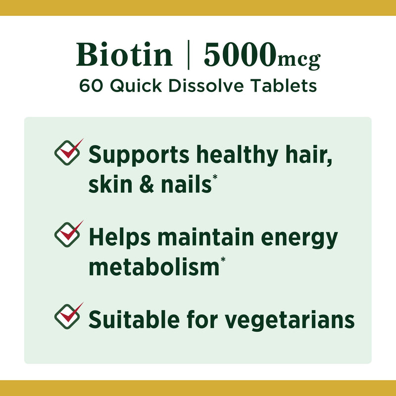 [Australia] - Biotin by Nature's Bounty, Vitamin Supplement, Supports Metabolism for Cellular Energy and Healthy Hair, Skin, and Nails, 5000 mcg, 60 Quick Dissolve Tablets 