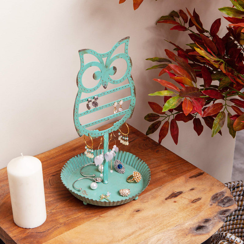 [Australia] - NIKKY HOME Earring Holder Hanging Organizer Stand Metal Jewelry Tree Table Top Owl Ear Stud Holder Tower Rack with Ring Tray for Girls Kids (134 Holes), Teal 13.2-In 