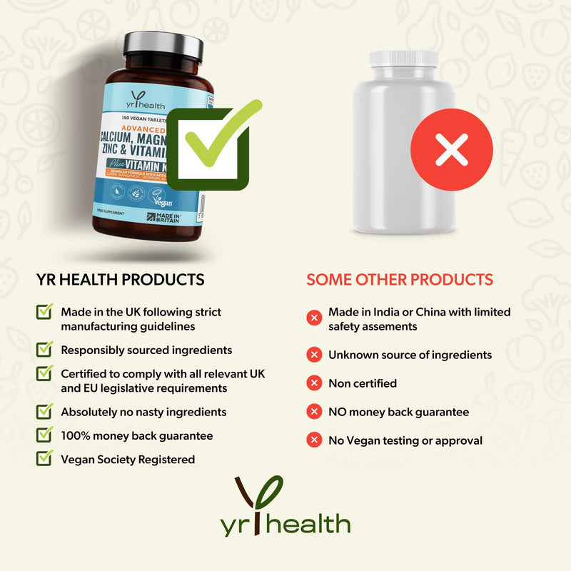 [Australia] - Calcium, Magnesium, Zinc and Vitamin D Plus Vitamin K2 MK-7 Tablets - Osteo Supplement - Vegan Tablets not Capsules 180 Count - Made in The UK by YrHealth 