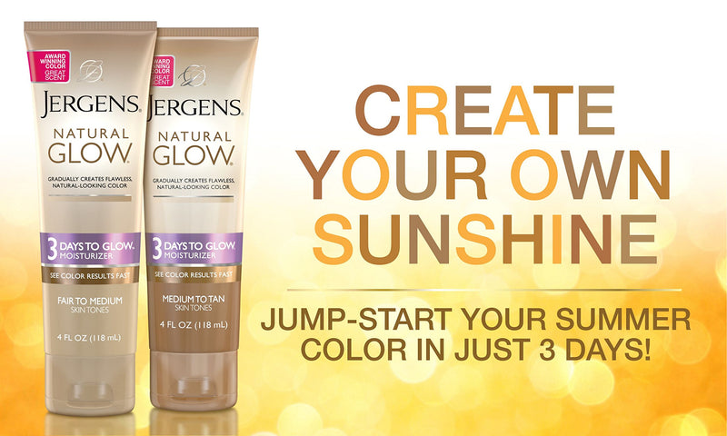 [Australia] - Jergens Natural Glow 3-Day Self Tanner Lotion, Sunless Tanner for Medium to Deep Skin Tone, Sunless Tanning Daily Moisturizer, for Streak-free Color, 4 Ounce Jergens Natural Glow 3 Days to Glow Moisturizer for Body, Medium to Tan Skin Tones, 4 Ounce 