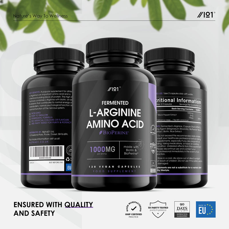 [Australia] - Fermented L-Arginine with BioPerine® & Biotin 1000mg - Potent Amino Acids - Non-GMO, Gluten Free, 120 Vegan Capsules 120 Count (Pack of 1) 