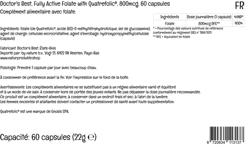 [Australia] - Doctor's Best, Fully Active Folate with Quatrefolic (Folic Acid), 800mcg, 60 Vegan Capsules, Laboratory Tested, Gluten Free, SOYA Free, Vegetarian, Non-GMO 