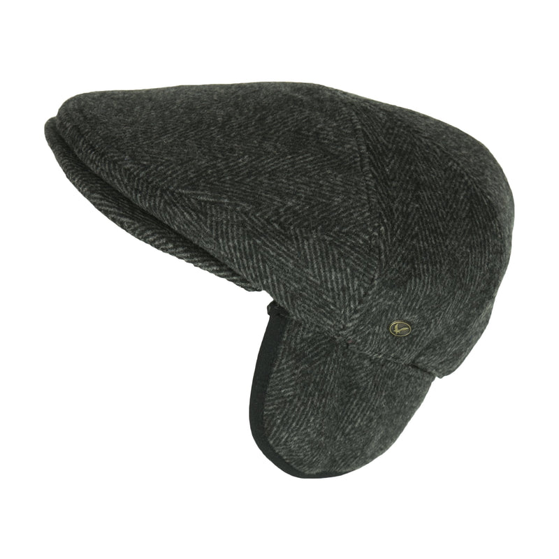 [Australia] - Men’s Black Wool Herringbone Ivy Cap, Classic Cabbie Hat w/Ear Flaps X-Large 