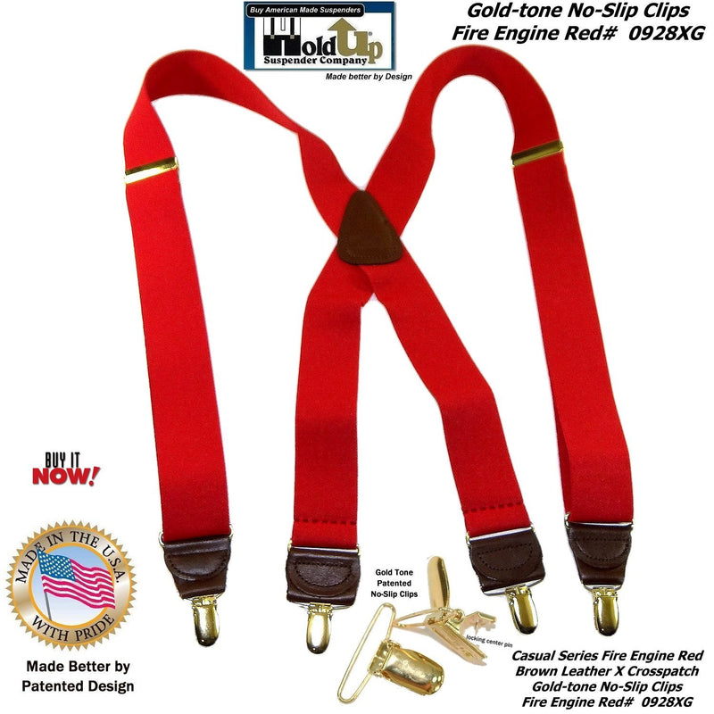 [Australia] - HoldUp Suspender Company's Fire Engine Red Casual Series Suspenders in X-back style with No-slip Gold-tone Clips 