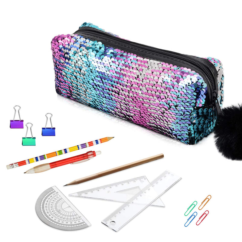 [Australia] - Glitter Cosmetic Bag Mermaid Spiral Reversible Sequins Portable Double Color Students Pencil Case for Girls Women Handbag Purse Make Up Pouch with Pompon Zip Closure(Pink Blue Mixed with Silver) 