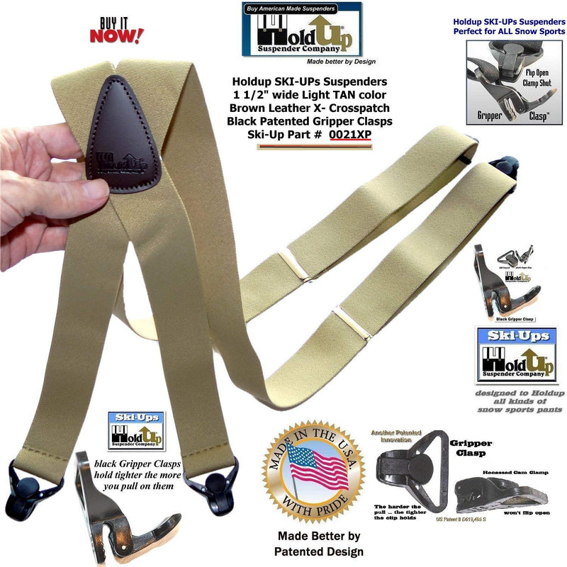 [Australia] - Holdup Brand Light Tan Snow Ski Suspenders in 1 1/2" width and X-back style with black Patented Gripper Clasp 