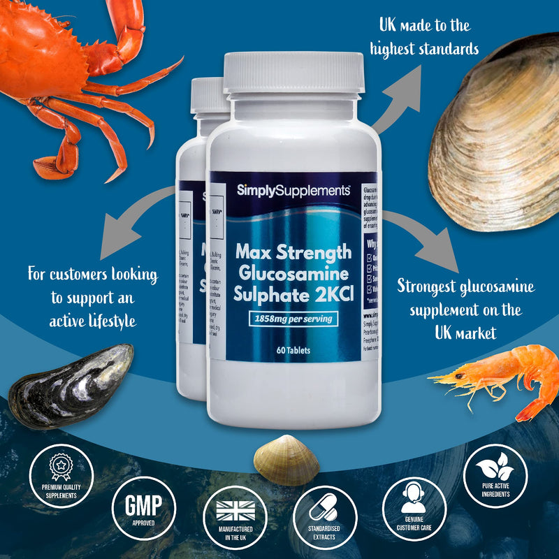 [Australia] - Maximum Strength Glucosamine Sulphate 2KCl | 1858mg Per Serving | 2 x 60 Tablet Bottles = 120 Tablets Total | Manufactured in The UK 