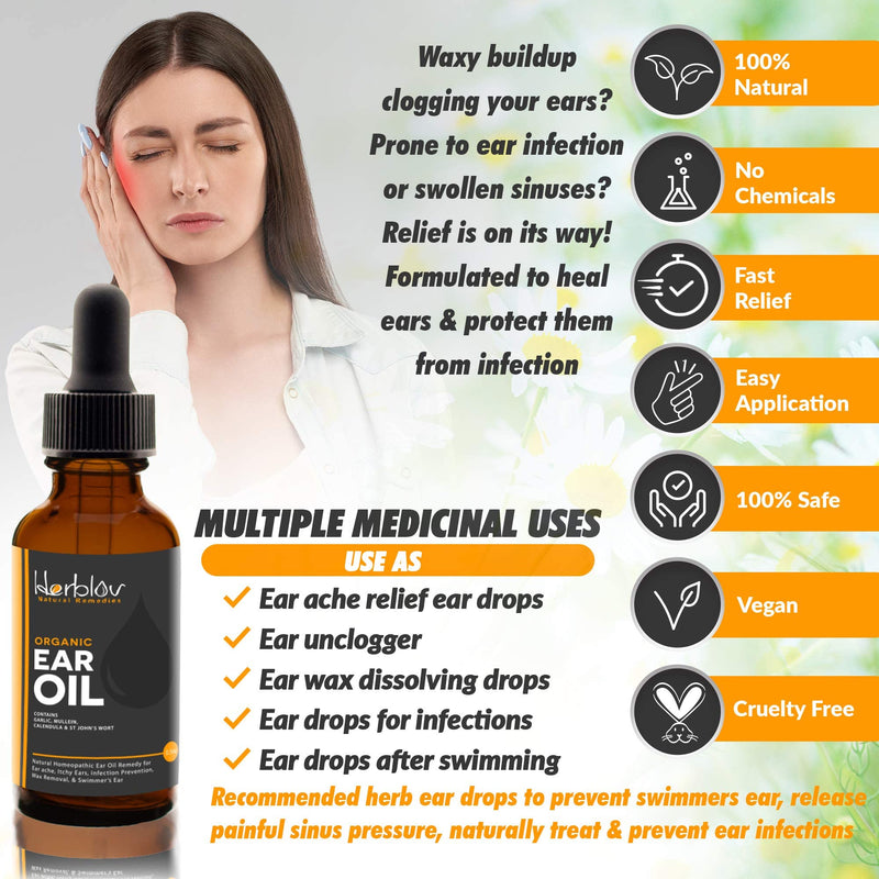 [Australia] - Organic Ear Oil for Ear Infections - Natural Eardrops for Infection Prevention, Swimmer's Ear & Wax Removal - Kids, Adults, Baby, Dog Earache Remedy - with Mullein, Garlic, Calendula, Made in USA 