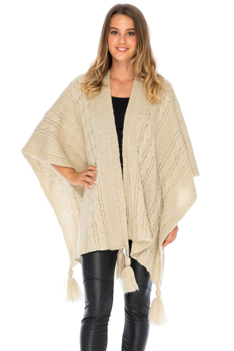 [Australia] - Back From Bali Womens Cable Knit Wrap Shawl Poncho Sweater Boho Long Soft Tassel Fringe Natural Silver 