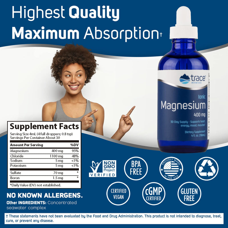 [Australia] - Trace Minerals Liquid Ionic Magnesium 4 oz 400mg | Supports Blood Pressure, Heart Health, Calm Mood, Gene Maintenance, Cell Production | Digestion, Muscle Cramps, Spasms, Better Sleep, Aids Headaches 4 Fl Oz (Pack of 1) 
