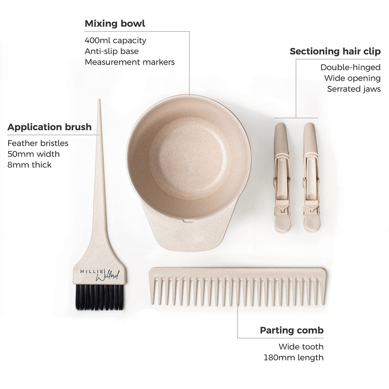[Australia] - Millie Wilford, Hair Dye Bowl and Brush Set, Tool Kit for Home Hair Dye and Root Touch-up, Recycled Plant Fibre (5 piece) 5 piece 