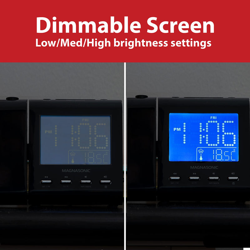 [Australia] - Magnasonic Projection Alarm Clock with AM/FM Radio, Battery Backup, Auto Time Set, Dual Alarm, Nap/Sleep Timer, Indoor Temperature/ Date Display with Dimming & 3.5mm Audio Input - White (EAAC601W) White Body 