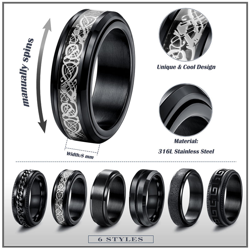 [Australia] - FIBO STEEL 6Pcs Black Spinner Rings for Men Women Fidget Rings Cool Chain Inlaid Greek Key Rings Stainless Steel Stress Relieving 8mm Wide Wedding Promise Band Rings Set Size 6-13 