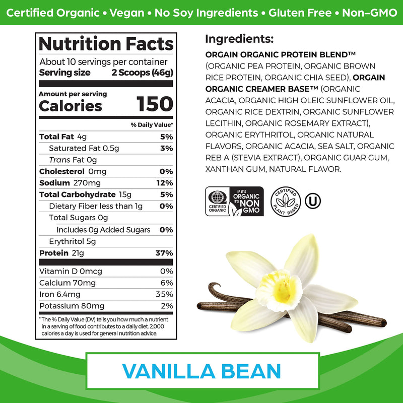 [Australia] - Orgain Organic Vegan Protein Powder, Vanilla Bean - 21g of Plant Based Protein, Low Net Carbs, Non Dairy, Gluten Free, Lactose Free, No Sugar Added, Soy Free, Kosher, 1.02 Pound (Packaging May Vary) 