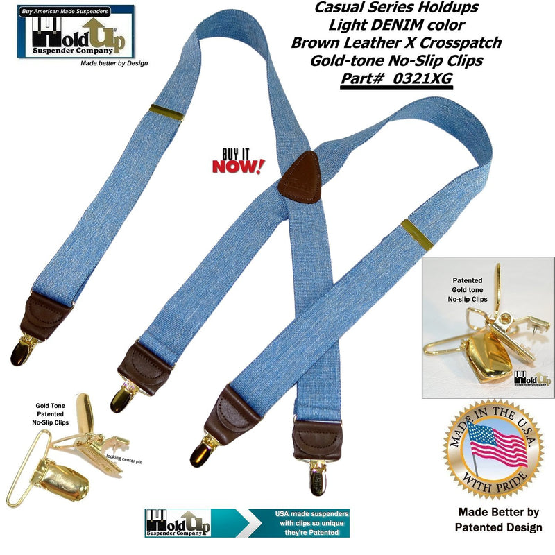 [Australia] - HoldUp Suspender company Light Blue Denim 1 1/2" X-back Suspenders with Patented No-slip Gold-tone Clips 