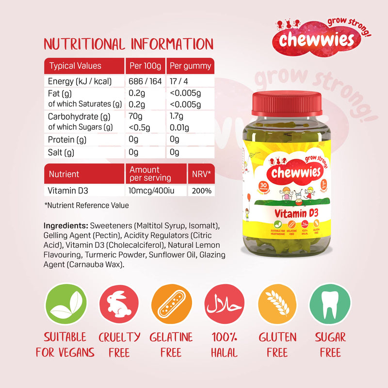 [Australia] - Vitamin D - Chewable Gummies- Vegetarian, Vegan, Halal, Sugar Free & Gluten Free, Non-GMO - for Adults and Children to Support Healthy Growth and Development by Chewwies Vitamins 