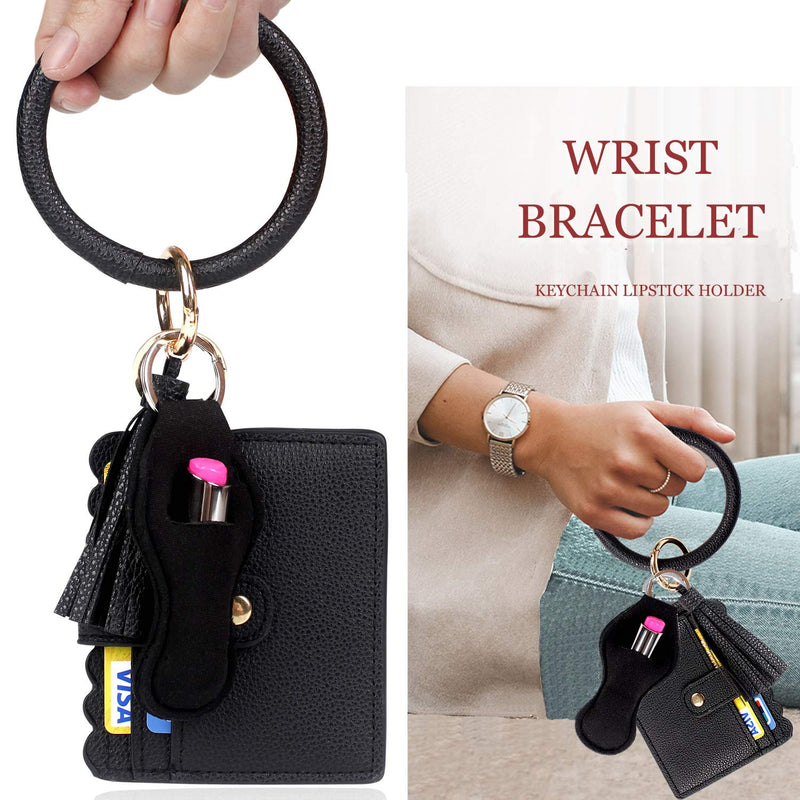 [Australia] - BIHRTC Wristlet Wallet Bracelet Keychain Pocket Card Holder Tassel Keyring with Charpstick Holder for Women Black 