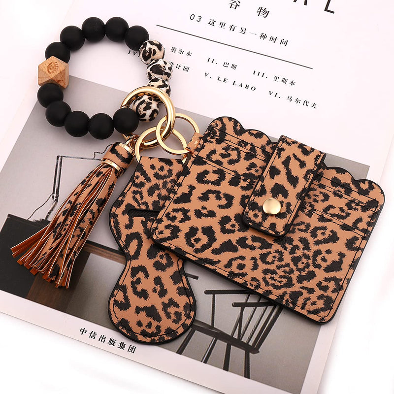 [Australia] - BVGA Wristlet Keychain Bracelet Wallet, Silicone Bead keyring Bangle for Women A:leopard Print 