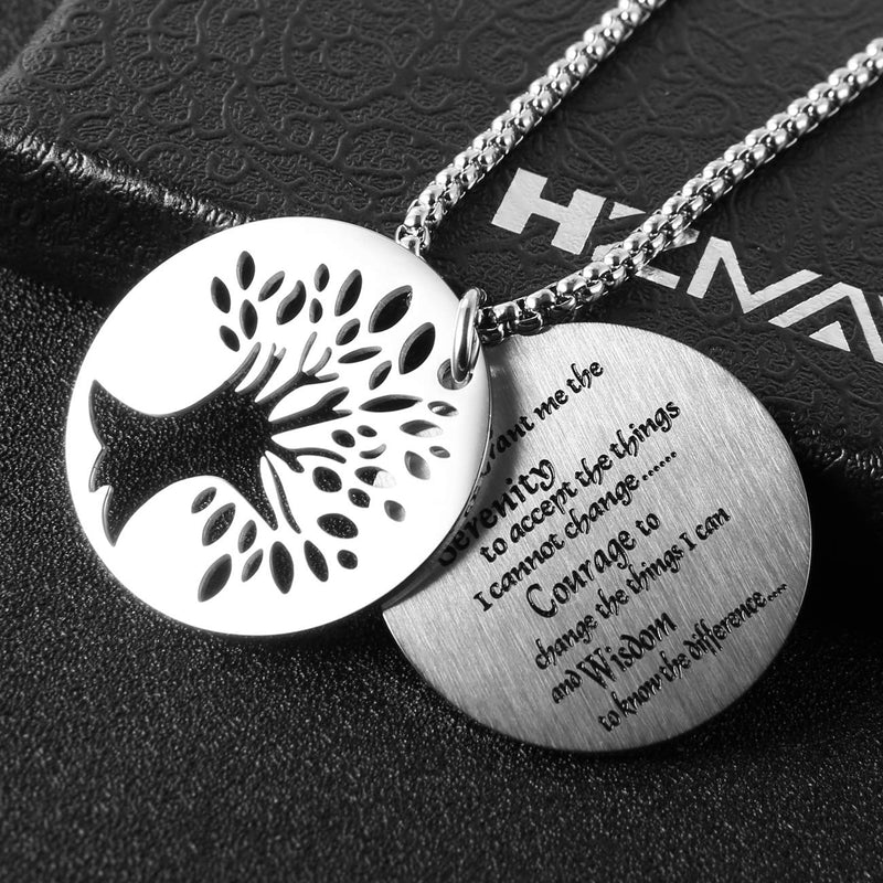 [Australia] - HZMAN Two Piece Serenity Prayer Stainless Steel Pendant Necklace with Tree of Life Cut Out 22+2" Chain Round Silver 