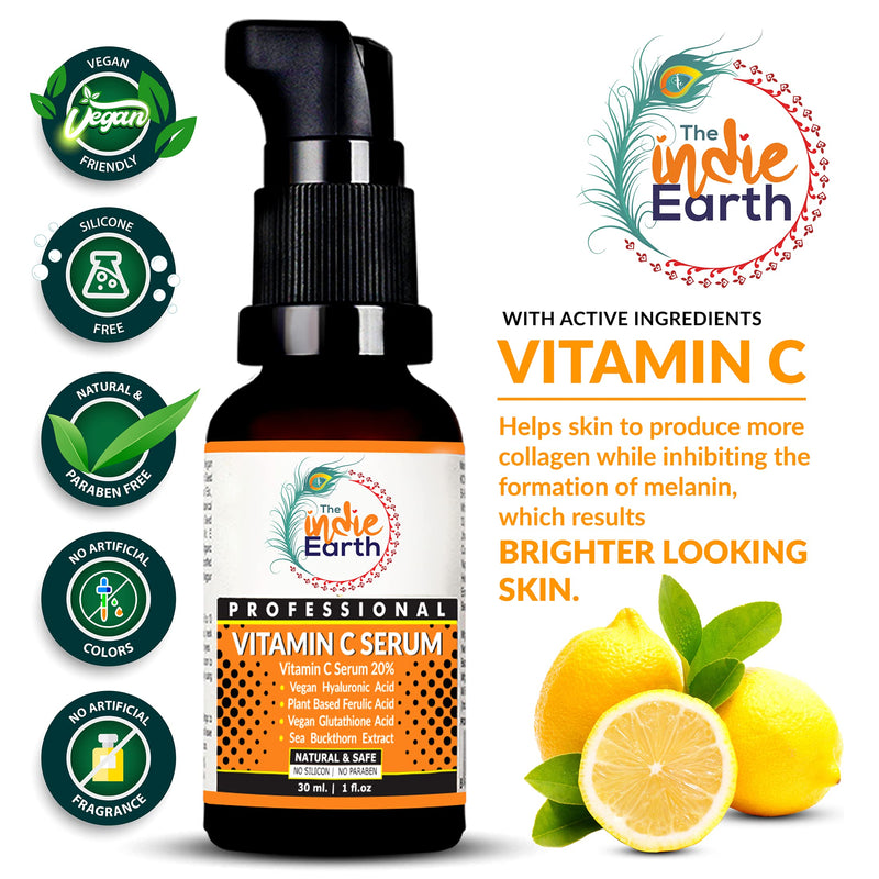 [Australia] - The Indie Earth Vitamin C Serum with Turmeric, Vitamin E, Vegan Hyaluronic Acid, Ferulic Acid and Vegan Glutathione Acid Serum (30 ml) Best Vitamin C Serum Best Fairness Serum 