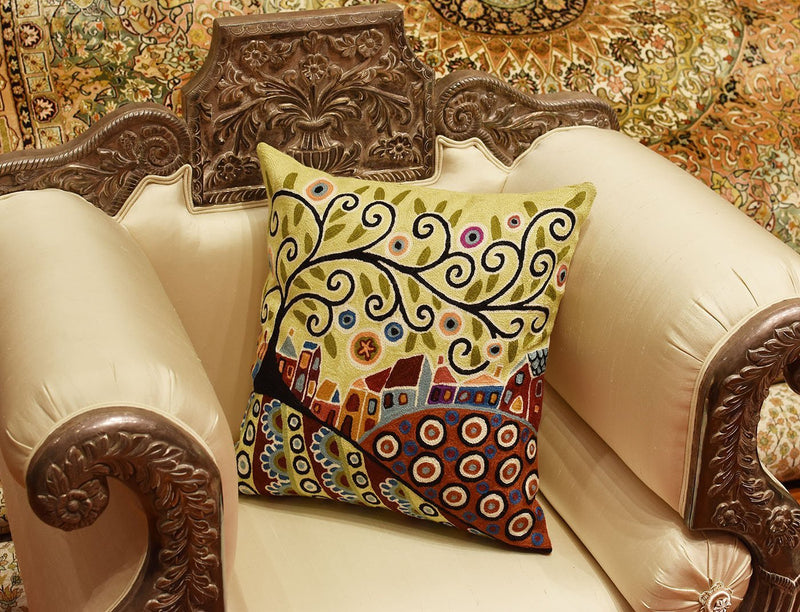 [Australia] - Kashmir Designs Yellow Tree of Life Throw Pillow Cover | Karla Gerard Floral Pillows | Gold Flower Pillows | Plant Floral Chair Cushion | Plant Flower Couch Pillow | Hand Embroidered Wool Size - 18x18 Blooming Village Pillow 