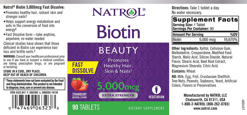 [Australia] - Natrol Biotin Beauty Tablets, Promotes Healthy Hair, Skin and Nails, Helps Support Energy Metabolism, Helps Convert Food Into Energy, 5,000mcg, 90Count 90 Count (Pack of 1) 