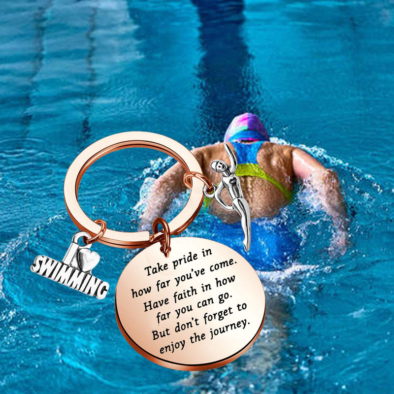 [Australia] - FUSTMW Swim Keychain I Love Swimming Lover Gift Take Pride in How Far You Have Come Swim Team Inspirational Gift Swimming Jewelry for Swimmers Rose Gold 