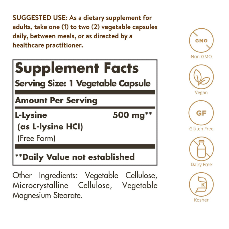 [Australia] - Solgar L-Lysine 500 mg, 250 Vegetable Capsules - Enhanced Absorption & Assimilation - Promotes Integrity of Skin & Lips - Collagen Support - Amino Acids - Non-GMO, Vegan, Gluten Free - 250 Servings 250 Count (Pack of 1) Standard Packaging 