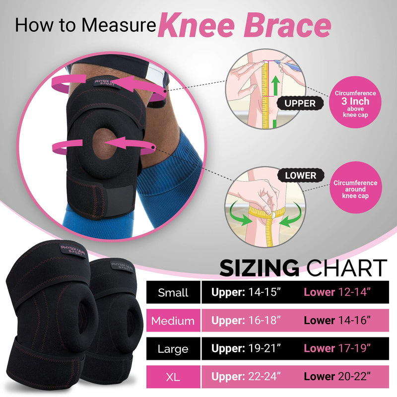 [Australia] - Physix Knee Brace with Side Stabilizers & Adjustable Straps - Knee Brace for Meniscus Tear, Knee Wraps for Pain, ACL, MCL, OA, Running, Workouts - Open Patella Knee Braces for Men & Women (Single) XL - Upper 22"-24" | Lower 20"-22" Black/Pink (Single) 