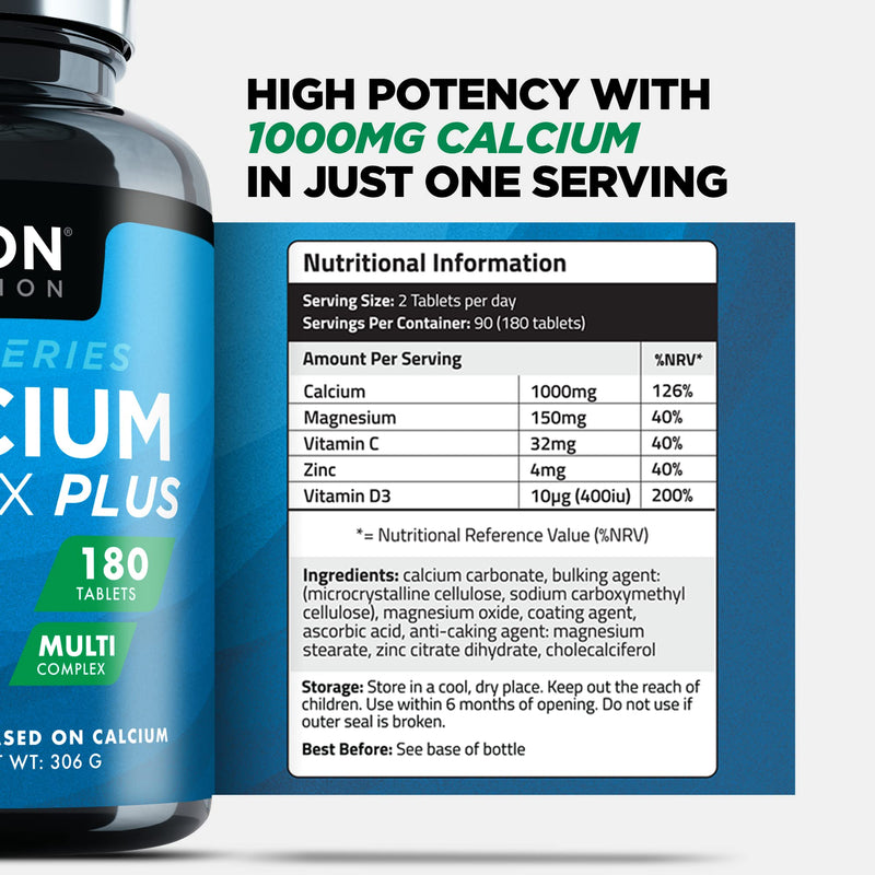[Australia] - 3 Months Supply - Calcium and Vitamin D - 180 Tablets - High Strength 1000mg Calcium Complex with Vitamin D3, Magnesium, Zinc and Vitamin C - Supports Bones - Osteo Supplement - Packaging May Vary 