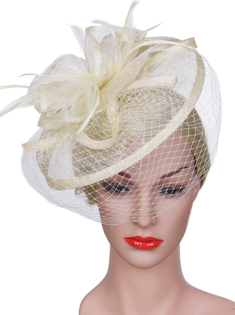 [Australia] - VIJIV Women Vintage Derby Fascinator Hat with Veil Pillbox Headband Feather Cocktail Tea Party One Size Beige 