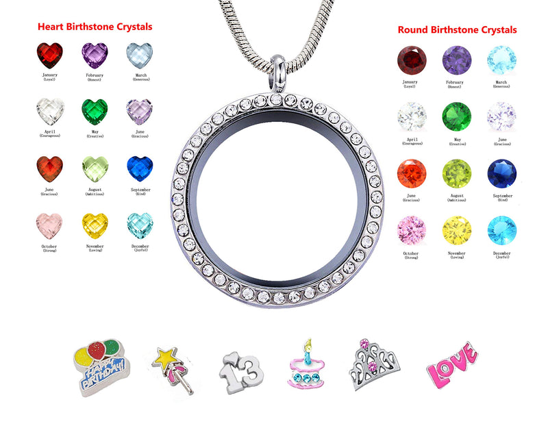 [Australia] - Birthday Gifts for Girl Her, Floating Living Memory Locket Necklace Pendant with Charms & Birthstones for 8th 9th 10th 11th 12th 13th 14th 15th Sweet 16 18th 21st 30th 