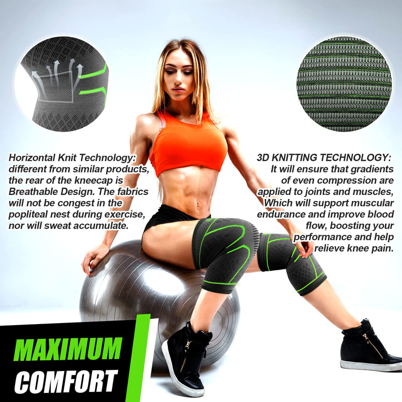 [Australia] - NEENCA 2 Pack Knee Brace, Knee Compression Sleeve Support for Knee Pain, Running, Work Out, Gym, Hiking, Arthritis, ACL, PCL, Joint Pain Relief, Meniscus Tear, Injury Recovery, Sports Large 2 Pack - Fluorescent Green 