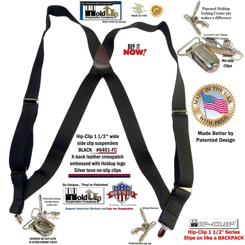 [Australia] - Holdup Black Trucker Style Hip-clip X-back Suspenders with patented no-slip silver-tone clips 