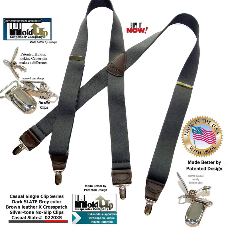 [Australia] - USA Made Slate Gray HoldUp brand X-back Suspenders with No-slip Silver-tone Clips 