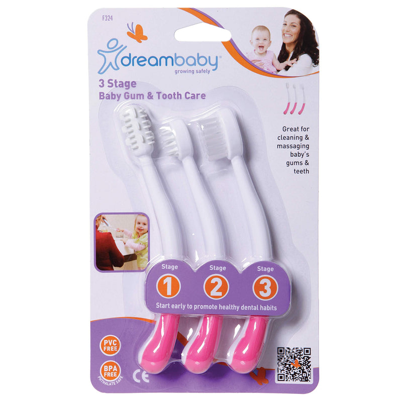 [Australia] - Dreambaby 3 Stage Baby Gum & Tooth Care Toothbrush - Soft & Gentle Rubber Bristles - Ergonomic Easy Grip Handle - for Young Gums & Developing Teeth - Pink - Model F324 