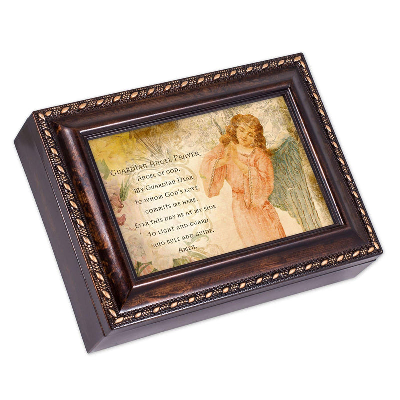 [Australia] - Cottage Garden Guardian Angel Prayer Be at My Side Burlwood Rope Trim Jewelry Music Box Plays Canon in D 