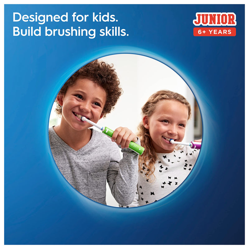 [Australia] - Oral-B Kids Electric Toothbrush, 1 Toothbrush Head, with Kid-Friendly Sensitive Mode, For Junior Kids Ages 6+, 2 Pin UK Plug, Purple Junior Purple Handle 