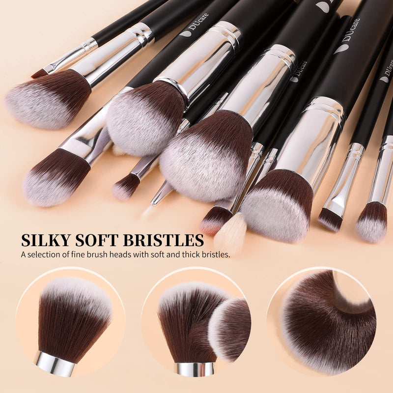 [Australia] - DUcare Travel Makeup Brushes 15pcs Professional Cosmetic Brushes Foundation Powder Contour Blush Eye Brush Gift Sets With Luxury Cosmetic Bag for Journey Carry black 