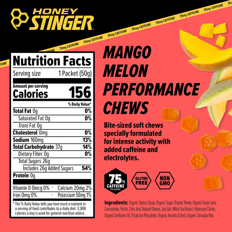 [Australia] - Honey Stinger Mango Melon Performance Energy Chew | Gluten Free | With Caffeine | For Exercise, Running and Performance | Sports Nutrition for Home & Gym, Pre and Mid Workout | 12 Pack, 21.6 Ounce 