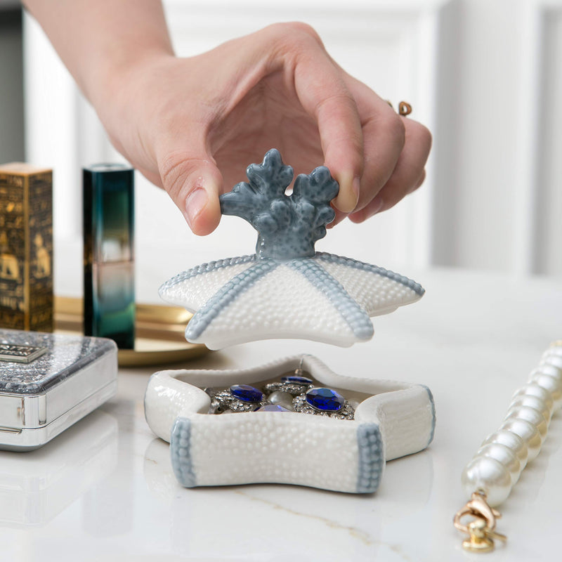 [Australia] - Starfish Ceramic Jewelry Case Trinket Ring Holder Jewelry Box with Removable Lid Wedding Anniversary, Birthday, Bridal Gift, for Bathroom, Dresser, Night Stand (Ocean Wind Style, Starfish) 